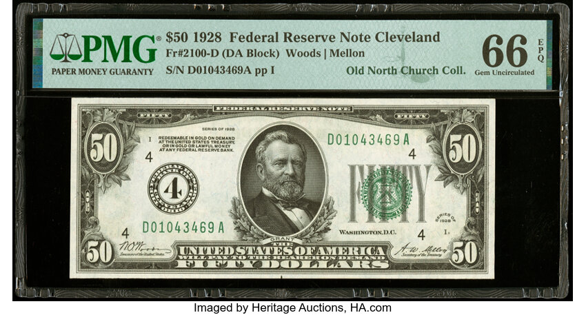 image for: Fr. 2100-D $50 1928 Federal Reserve Note. PMG Gem Uncirculated 66 EPQ....