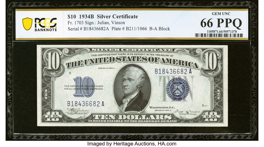 image for: Fr. 1703 $10 1934B Silver Certificate. PCGS Banknote Gem Unc 66 PPQ....