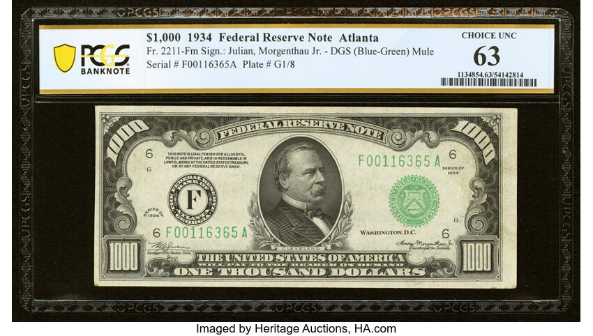 image for: Fr. 2211-F $1,000 1934 Mule Federal Reserve Note. PCGS Banknote Choice Unc 63....