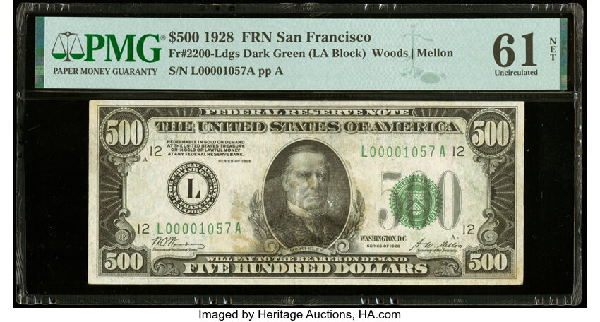 image for: Fr. 2200-L $500 1928 Federal Reserve Note. PMG Uncirculated 61 Net....