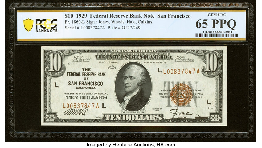 image for: Fr. 1860-L $10 1929 Federal Reserve Bank Note. PCGS Banknote Gem Unc 65 PPQ....