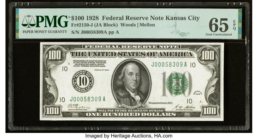 image for: Fr. 2150-J $100 1928 Federal Reserve Note. PMG Gem Uncirculated 65 EPQ....