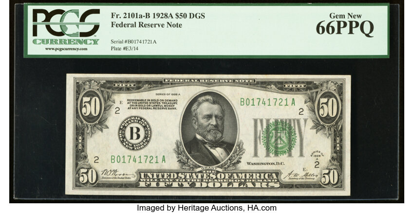 image for: Fr. 2101-B $50 1928A Federal Reserve Note. PCGS Gem New 66PPQ....
