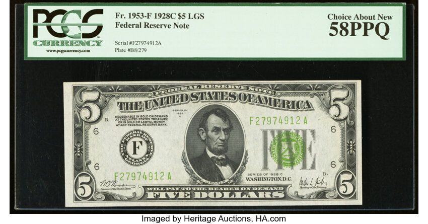 image for: Fr. 1953-F $5 1928C Light Green Seal Federal Reserve Note. PCGS Choice About New 58PPQ....