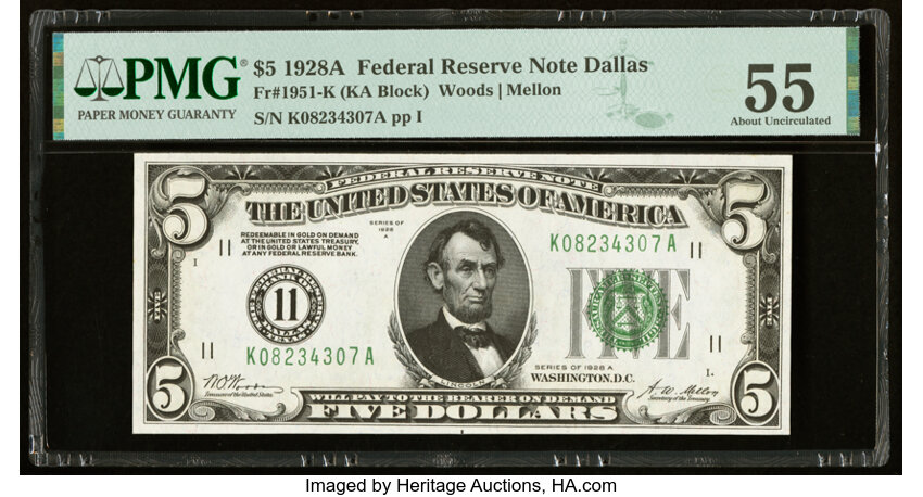image for: Fr. 1951-K $5 1928A Federal Reserve Note. PMG About Uncirculated 55....