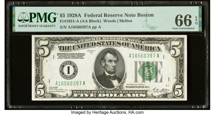 image for: Fr. 1951-A $5 1928A Federal Reserve Note. PMG Gem Uncirculated 66 EPQ....