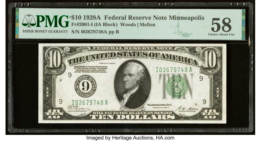 image for: Fr. 2001-I $10 1928A Federal Reserve Note. PMG Choice About Unc 58....