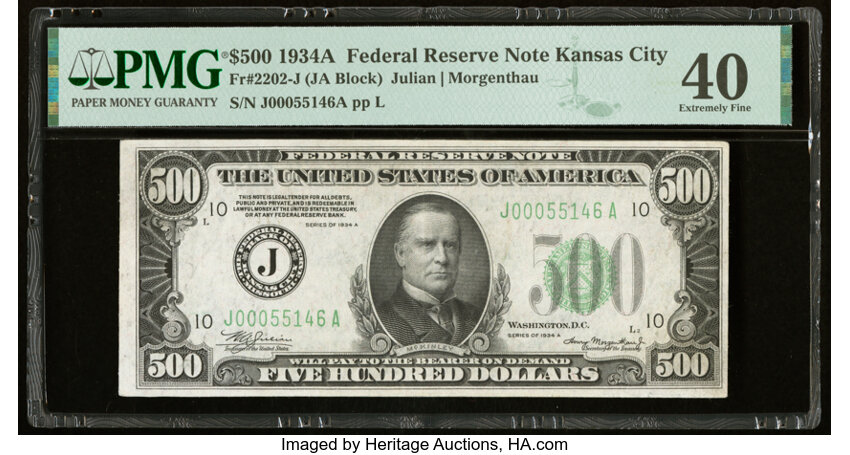 image for: Fr. 2202-J $500 1934A Federal Reserve Note. PMG Extremely Fine 40....
