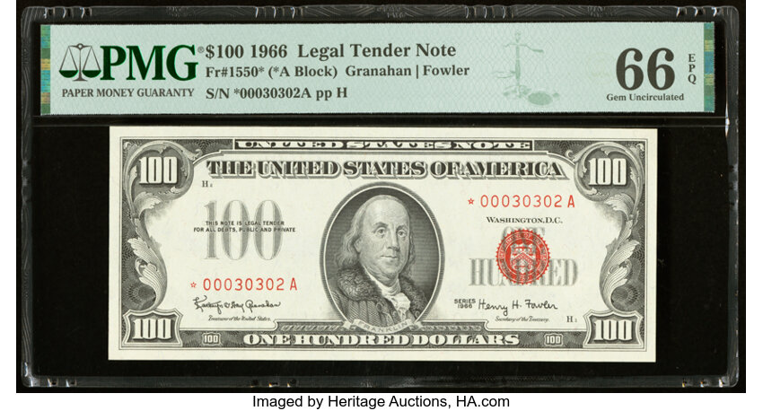 image for: Fr. 1550* $100 1966 Legal Tender Star Note. PMG Gem Uncirculated 66 EPQ....