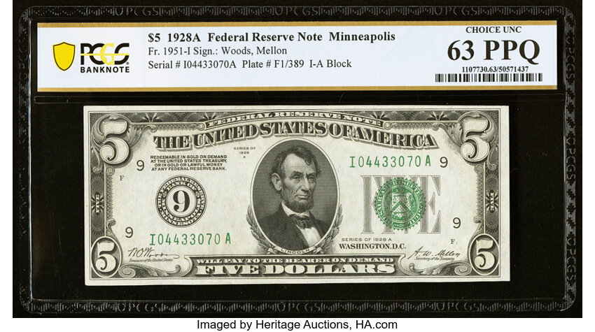 image for: Fr. 1951-I $5 1928A Federal Reserve Note. PCGS Banknote Choice Unc 63 PPQ....