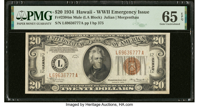 image for: Fr. 2304 $20 1934 Mule Hawaii Federal Reserve Note. PMG Gem Uncirculated 65 EPQ....