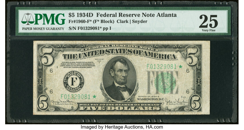 image for: Fr. 1960-F* $5 1934D Federal Reserve Star Note. PMG Very Fine 25....