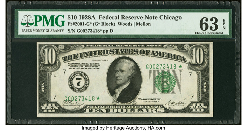 image for: Fr. 2001-G* $10 1928A Federal Reserve Star Note. PMG Choice Uncirculated 63 EPQ....