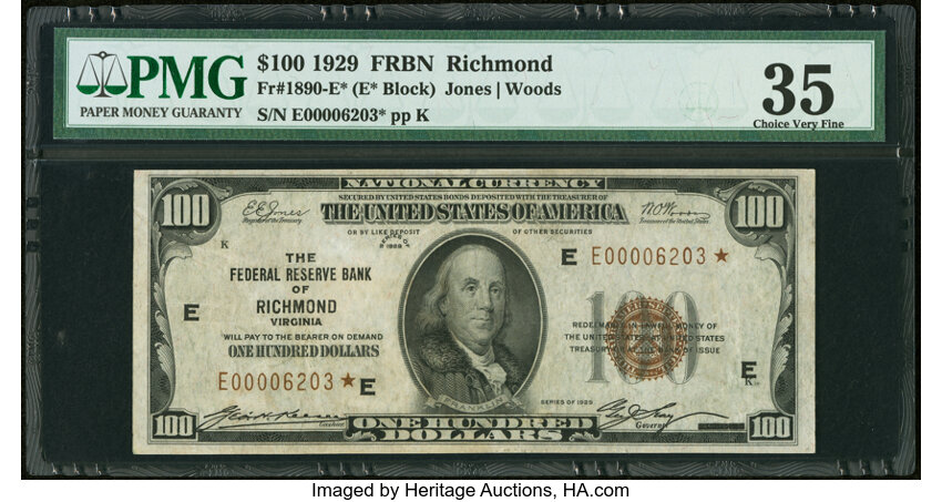 image for: Fr. 1890-E* $100 1929 Federal Reserve Bank Star Note. PMG Choice Very Fine 35....