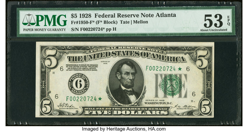 image for: Fr. 1950-F* $5 1928 Federal Reserve Star Note. PMG About Uncirculated 53 EPQ....