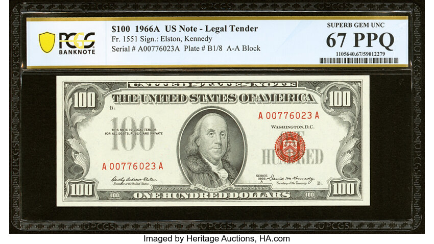 image for: Fr. 1551 $100 1966A Legal Tender Note. PCGS Banknote Superb Gem Unc 67 PPQ....