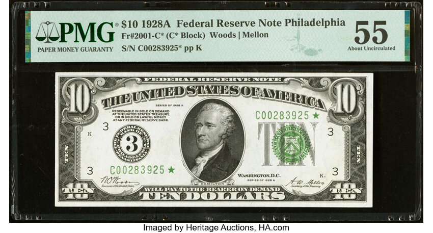 image for: Fr. 2001-C* $10 1928A Federal Reserve Star Note. PMG About Uncirculated 55....