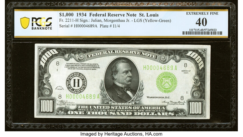 image for: Fr. 2211-H $1,000 1934 Federal Reserve Note. PCGS Banknote Extremely Fine 40....