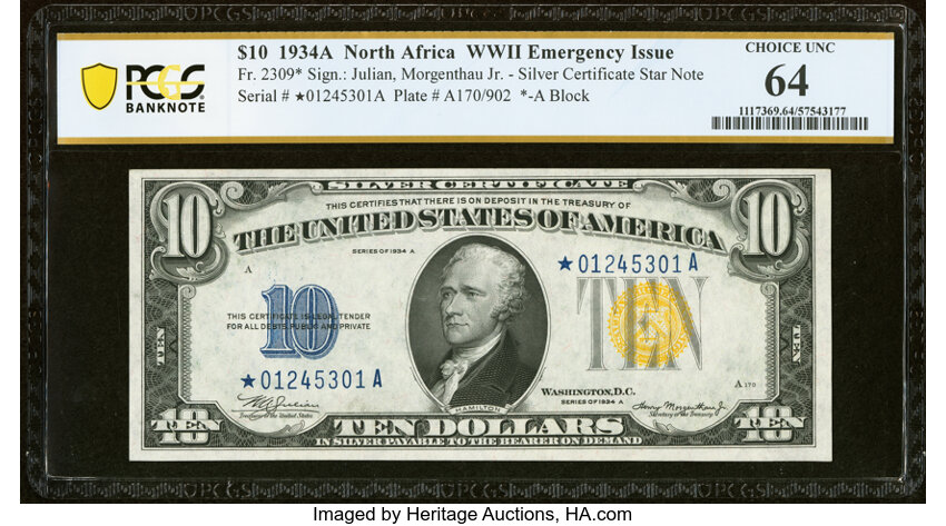 image for: Fr. 2309* $10 1934A North Africa Silver Certificate Star Note. PCGS Banknote Choice Unc 64....