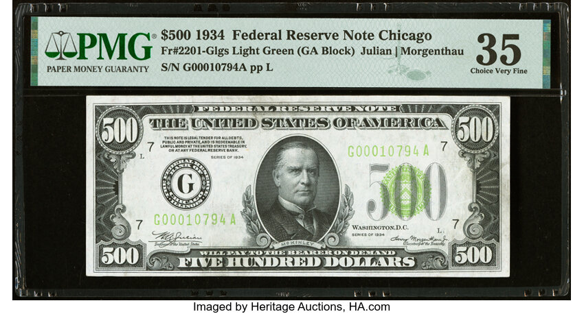 image for: Fr. 2201-G $500 1934 Light Green Seal Federal Reserve Note. PMG Choice Very Fine 35....