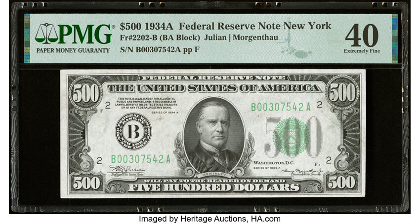 image for: Fr. 2202-B $500 1934A Federal Reserve Note. PMG Extremely Fine 40....