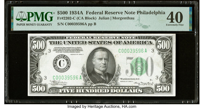 image for: Fr. 2202-C $500 1934A Federal Reserve Note. PMG Extremely Fine 40....