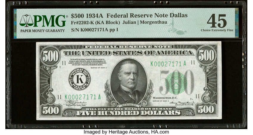 image for: Fr. 2202-K $500 1934A Federal Reserve Note. PMG Choice Extremely Fine 45....