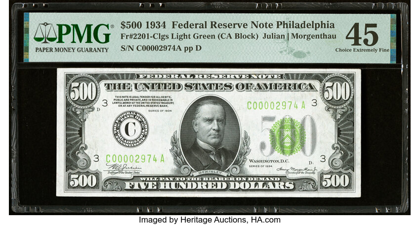 image for: Fr. 2201-C $500 1934 Light Green Seal Federal Reserve Note. PMG Choice Extremely Fine 45....