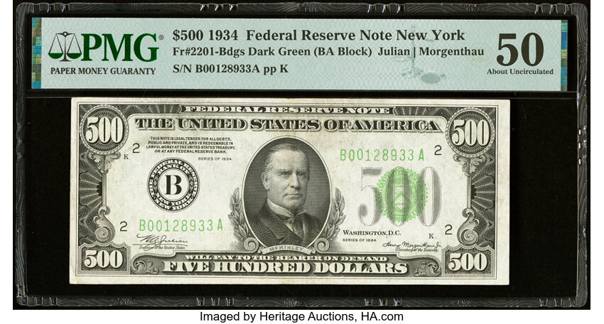 image for: Fr. 2201-B $500 1934 Federal Reserve Note. PMG About Uncirculated 50....