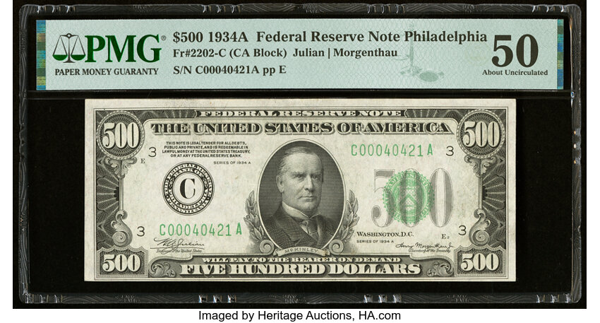 image for: Fr. 2202-C $500 1934A Federal Reserve Note. PMG About Uncirculated 50....