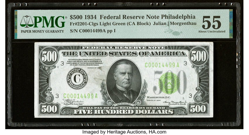 image for: Fr. 2201-C $500 1934 Light Green Seal Federal Reserve Note. PMG About Uncirculated 55....