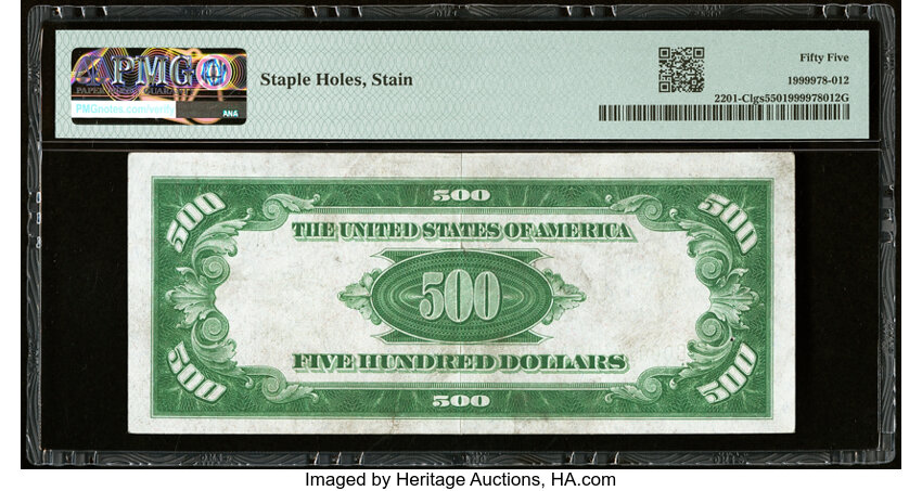 image for: Fr. 2201-C $500 1934 Light Green Seal Federal Reserve Note. PMG About Uncirculated 55....