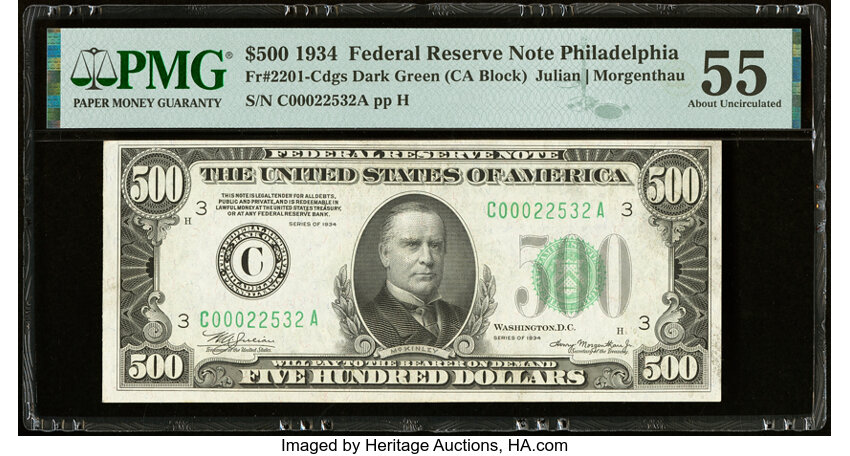 image for: Fr. 2201-C $500 1934 Federal Reserve Note. PMG About Uncirculated 55....