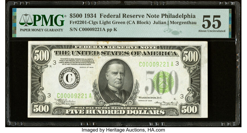 image for: Fr. 2201-C $500 1934 Light Green Seal Federal Reserve Note. PMG About Uncirculated 55....