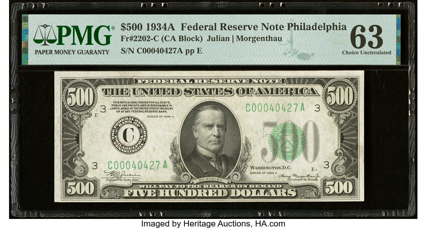 image for: Fr. 2202-C $500 1934A Federal Reserve Note. PMG Choice Uncirculated 63....
