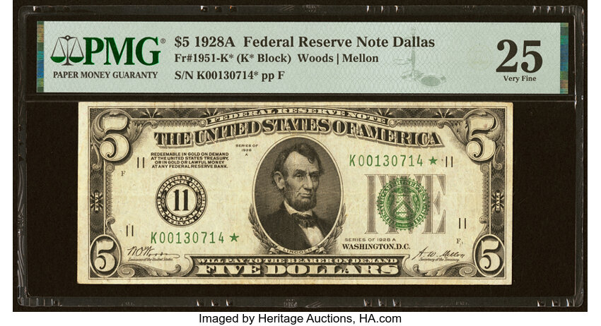 image for: Fr. 1951-K* $5 1928A Federal Reserve Star Note. PMG Very Fine 25....