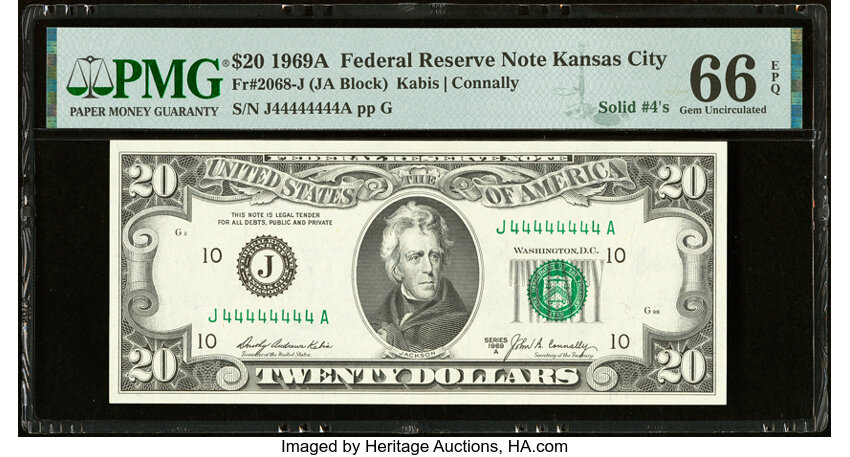image for: Solid Serial Number 44444444 Fr. 2068-J $20 1969A Federal Reserve Note. PMG Gem Uncirculated 66 EPQ....