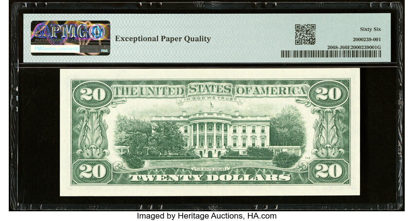 image for: Solid Serial Number 44444444 Fr. 2068-J $20 1969A Federal Reserve Note. PMG Gem Uncirculated 66 EPQ....