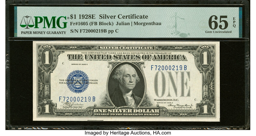 image for: Fr. 1605 $1 1928E Silver Certificate. F-B Block. PMG Gem Uncirculated 65 EPQ....