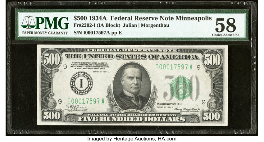 image for: Fr. 2202-I $500 1934A Federal Reserve Note. PMG Choice About Unc 58....