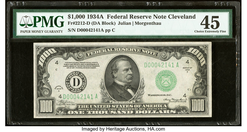 image for: Fr. 2212-D $1,000 1934A Federal Reserve Note. PMG Choice Extremely Fine 45....
