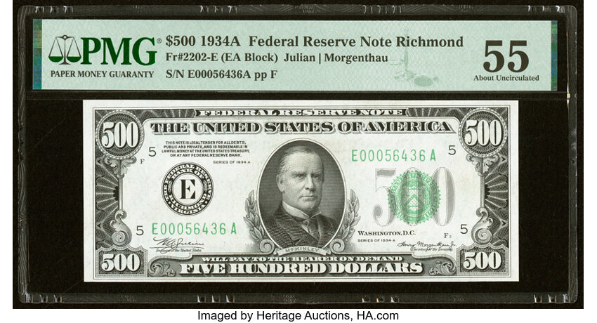 image for: Fr. 2202-E $500 1934A Federal Reserve Note. PMG About Uncirculated 55....