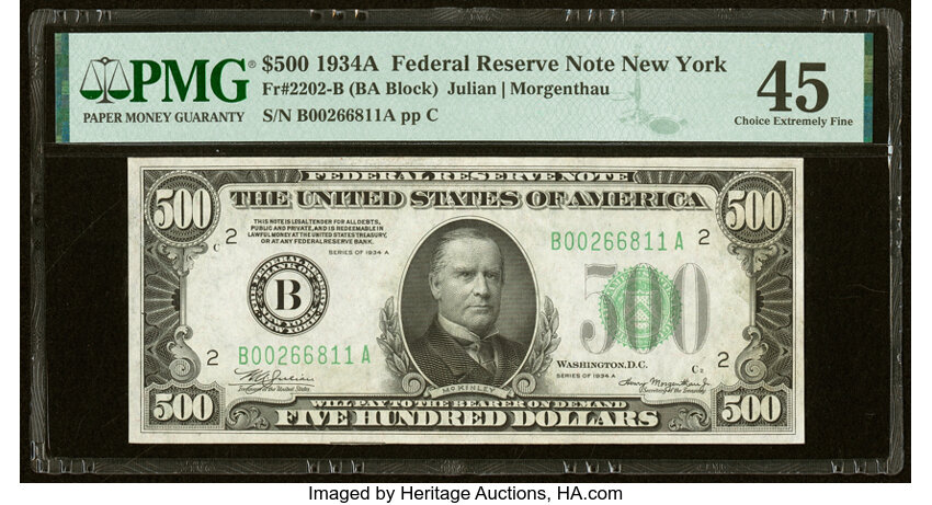 image for: Fr. 2202-B $500 1934A Federal Reserve Note. PMG Choice Extremely Fine 45....