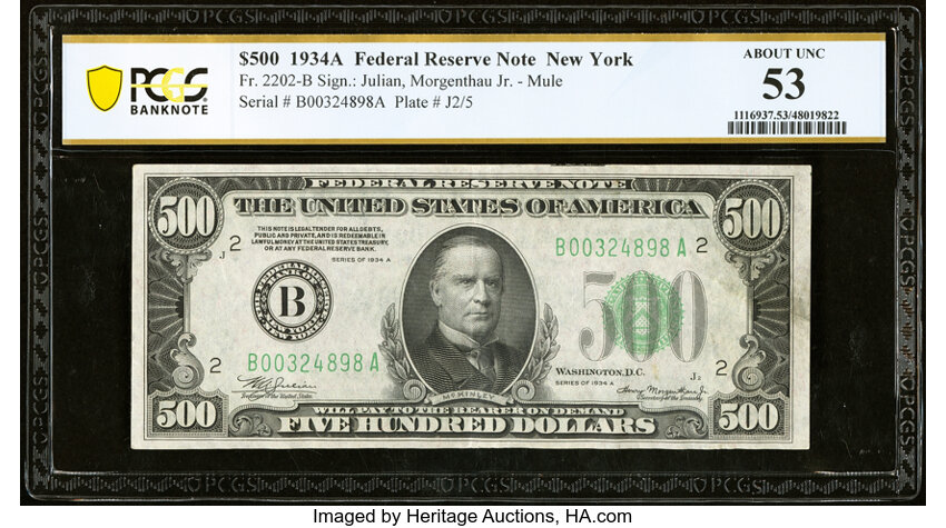 image for: Fr. 2202-B $500 1934A Federal Reserve Note. PCGS Banknote About Unc 53....