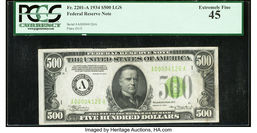 image for: Fr. 2201-A $500 1934 Light Green Seal Federal Reserve Note. PCGS Extremely Fine 45....