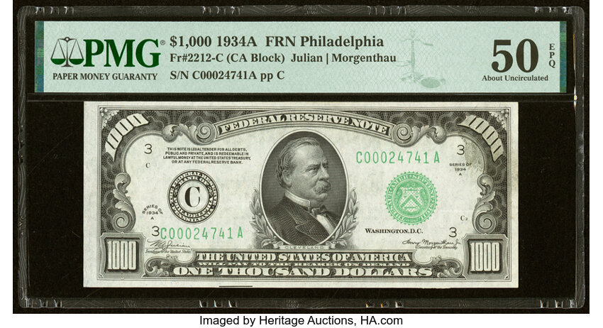 image for: Fr. 2212-C $1,000 1934A Federal Reserve Note. PMG About Uncirculated 50 EPQ....