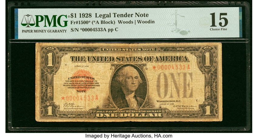 image for: Fr. 1500* $1 1928 Legal Tender Star Note. PMG Choice Fine 15....