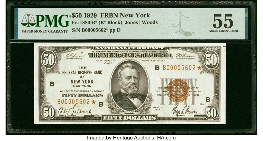 image for: Fr. 1880-B* $50 1929 Federal Reserve Bank Star Note. PMG About Uncirculated 55....