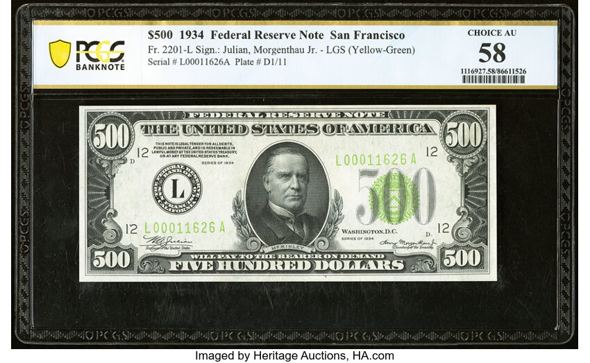 image for: Fr. 2201-L $500 1934 Light Green Seal Federal Reserve Note. PCGS Banknote Choice AU 58....