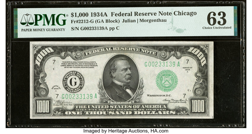 image for: Fr. 2212-G $1,000 1934A Federal Reserve Note. PMG Choice Uncirculated 63....